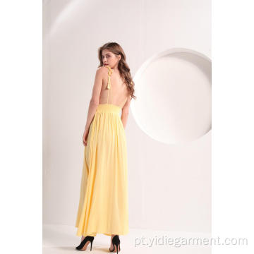 Vestido amarelo de decote em V feminino